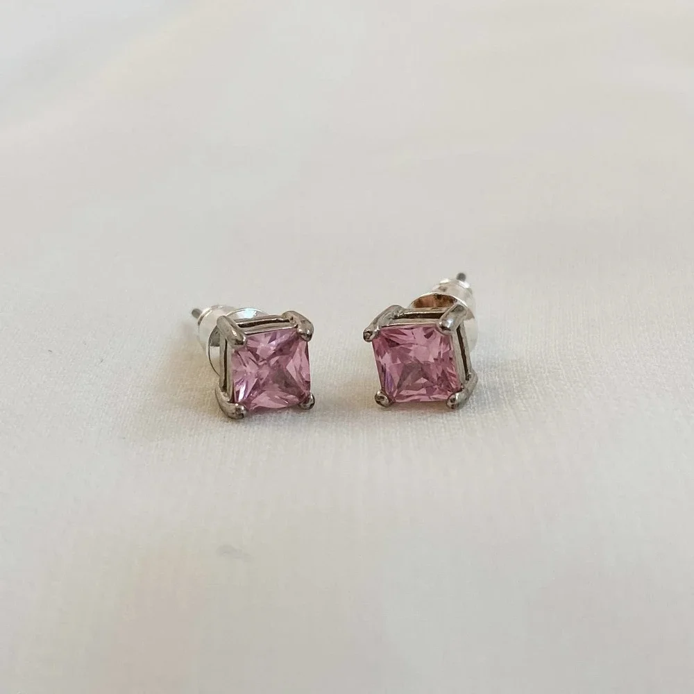 VTG Silver Pink Square Stud Earrings